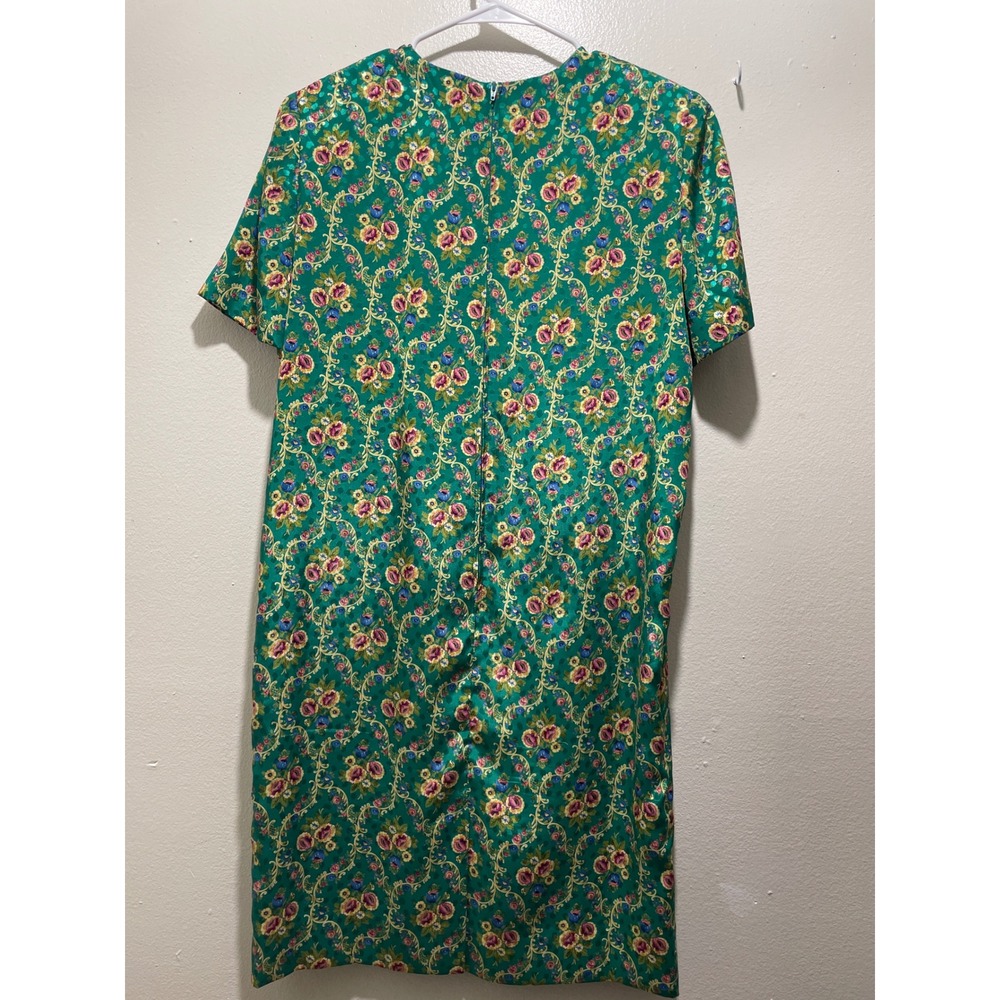 Vintage Leslie Fay Petites Green Floral Mini Dress size 10p Damask Boho 90s - Picture 8 of 11